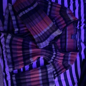 Striped Ribbed Knit Cardigan in Burgundy, Black & Gray